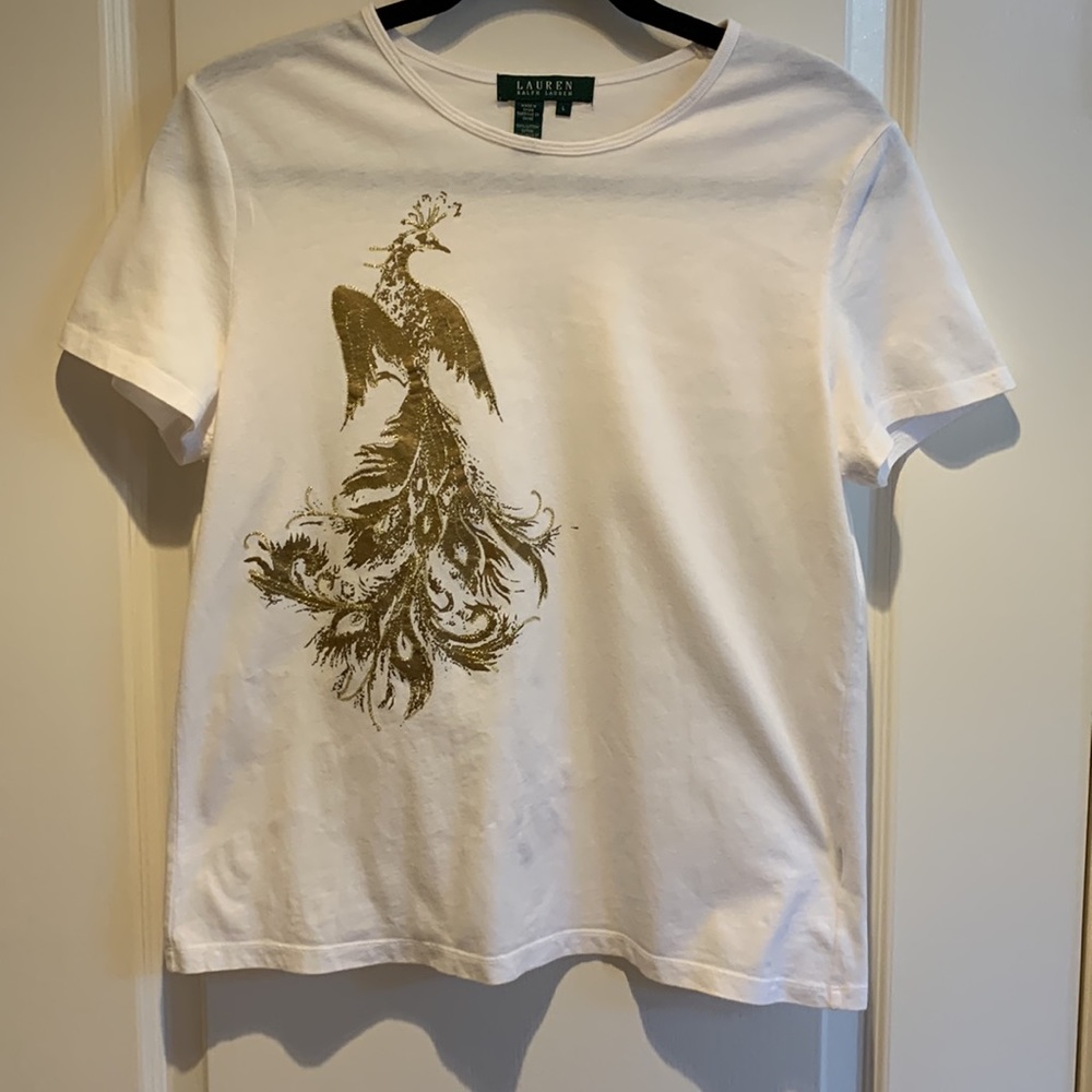 Lauren Ralph Lauren White Tee with Gold Peacock L Preowned EUC